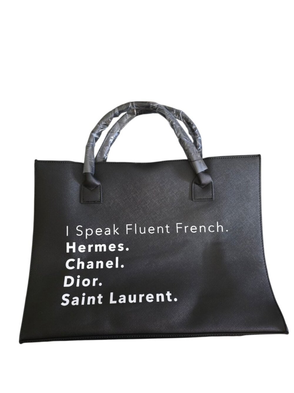 Funny French Designer Quote Tote NWT Black Vegan Leather Large Statement Tote